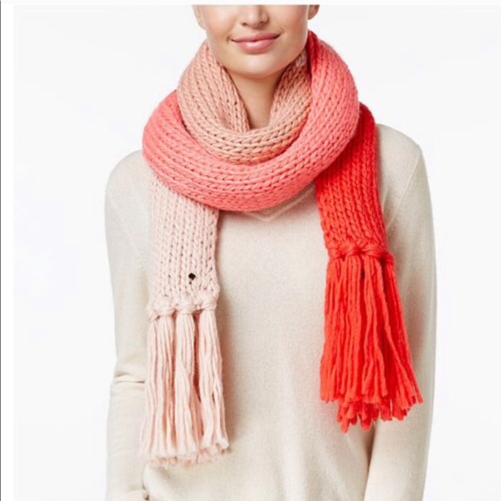 Kate Spade Scarf knit winter chunky colorblock pink long fringe tassels wool OS